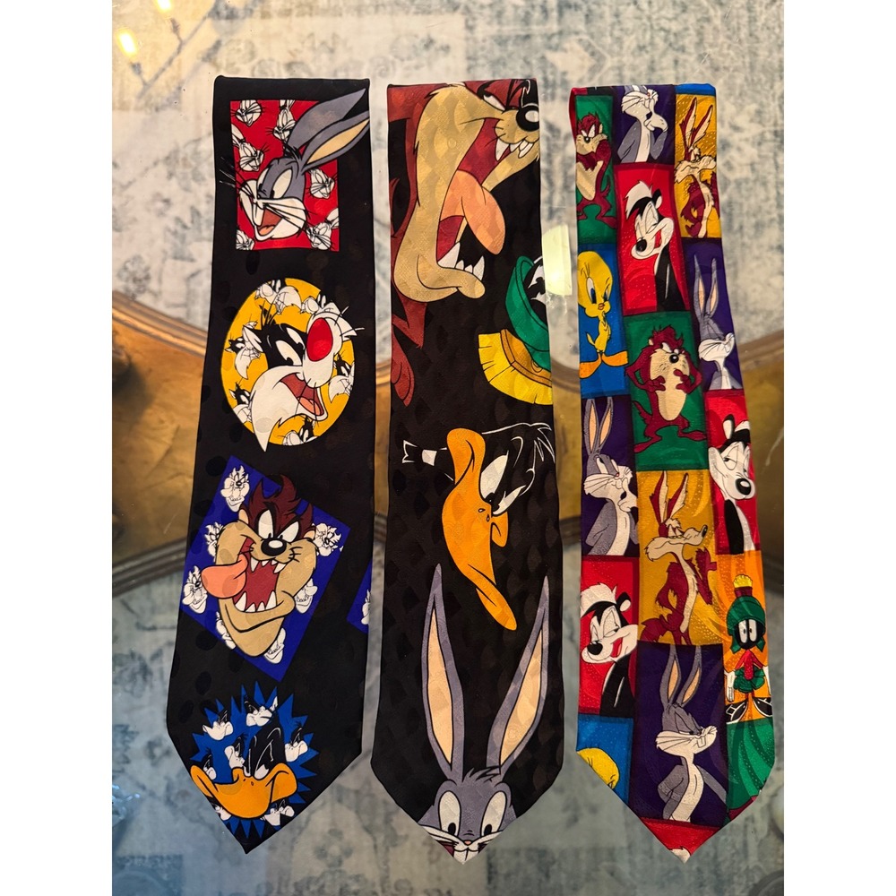 Lot of 3 Vintage Looney Tunes Mania Silk Ties Bugs Bunny Taz Marvin 90s WB